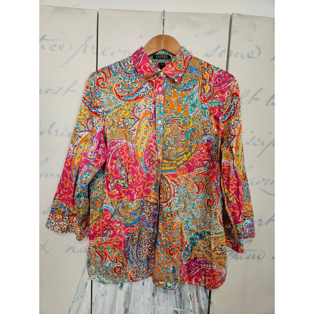 Lauren Ralph Lauren Button Down Shirt 1X Multicolor Paisley Boho 3/4 Sleeve Top